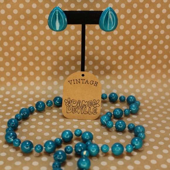 True Vintage Teal Blue Beaded Necklace and Tear Drop Earring Set 1960s-80s - Picture 3 of 3